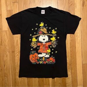 Vintage Peanuts Snoopy Woodstock Black T Shirt Medium Halloween Scarecrow
